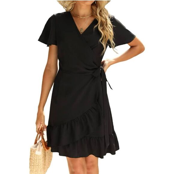 NEW Wrap V Neck Ruffle Long Sleeve Mini Dress with Belt L - Picture 1 of 6